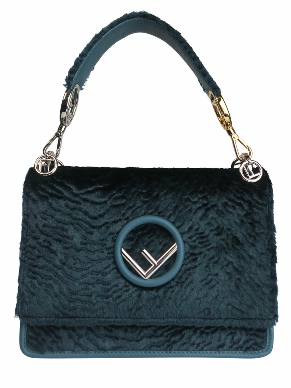 Fendi Teal Shearling Kan I Shoulder Bag with Mixed Metal Hardware